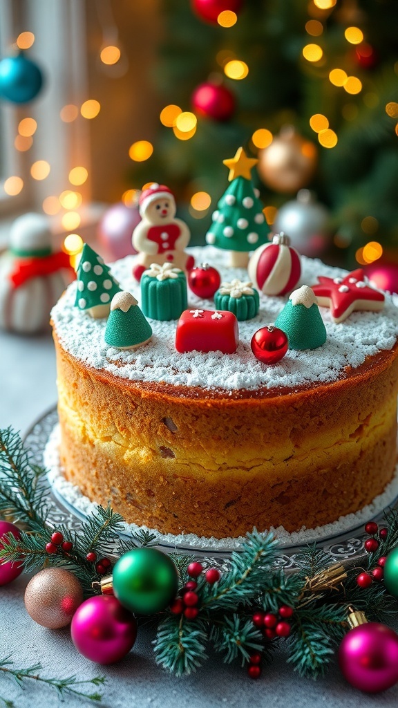A festive Christmas cake decorated with marzipan and powdered sugar, set in a holiday-themed background.